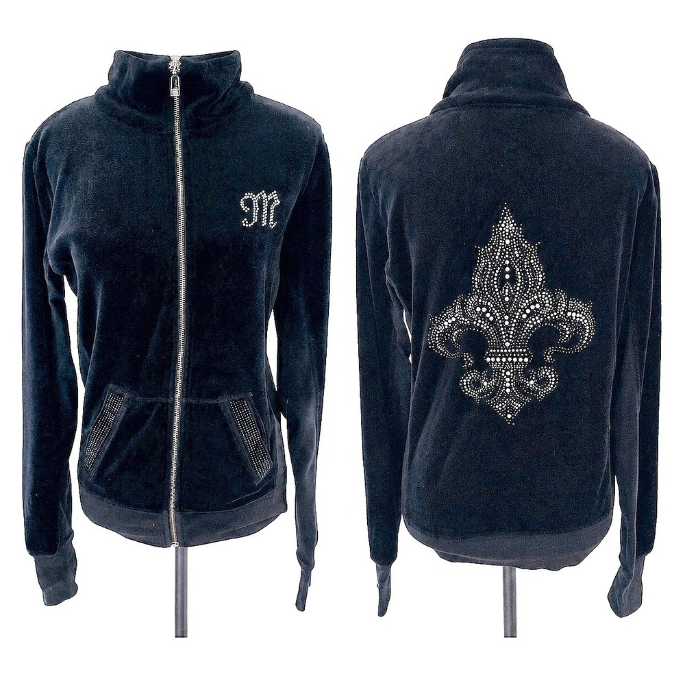 Vintage Y2K Miss Me Black Velour Zip Up Jacket‎ Rhinestone Fleur De Lis Medium